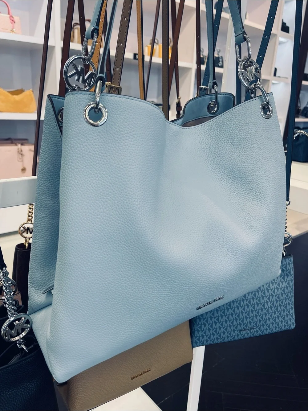 Michael Kors Christina Large Pebbled Leather Shoulder Tote Bag Pale Ocean  NWT